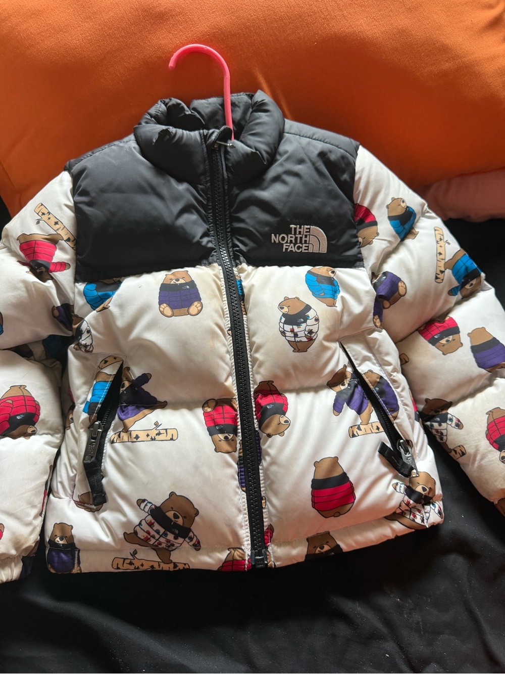 The North Face Kids Beige & Black Puffer Jacket with Bear Print